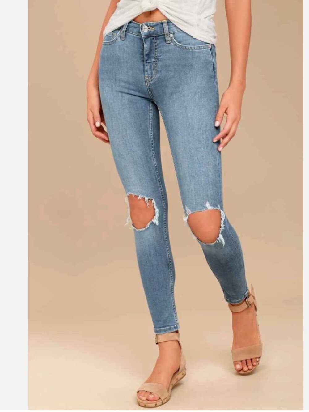 Free People High-Rise "Busted Knee" Skinny Jeans In Medium Indigo Wash - Size 26